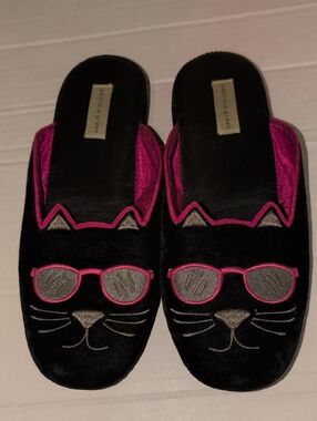 Patricia Green Black Velvet Cat Slippers with Pink Accents